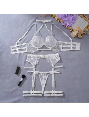 Set sutien, chilot, portjartiera si jartiere 16, alb