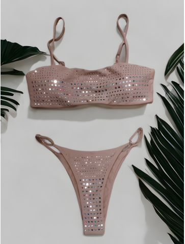 Costum de baie nude cu slip brazilian reglabil si aplicatii