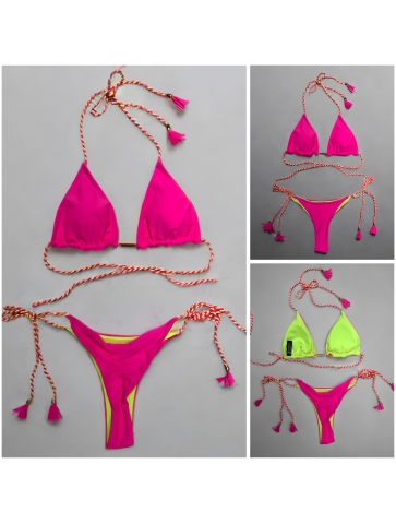 Costum de baie brazilian roz fucsia si verde neon