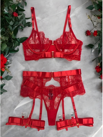 Set sutien, chilot, portjartiera cu jartiere 36, rosu