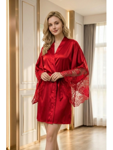 Halat din saten cu maneci din dantela 11, rosu