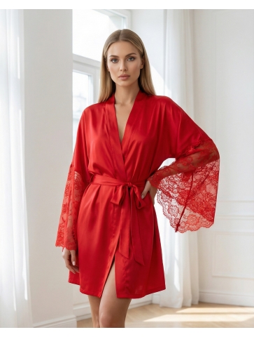 Halat din saten cu maneci din dantela 11, rosu